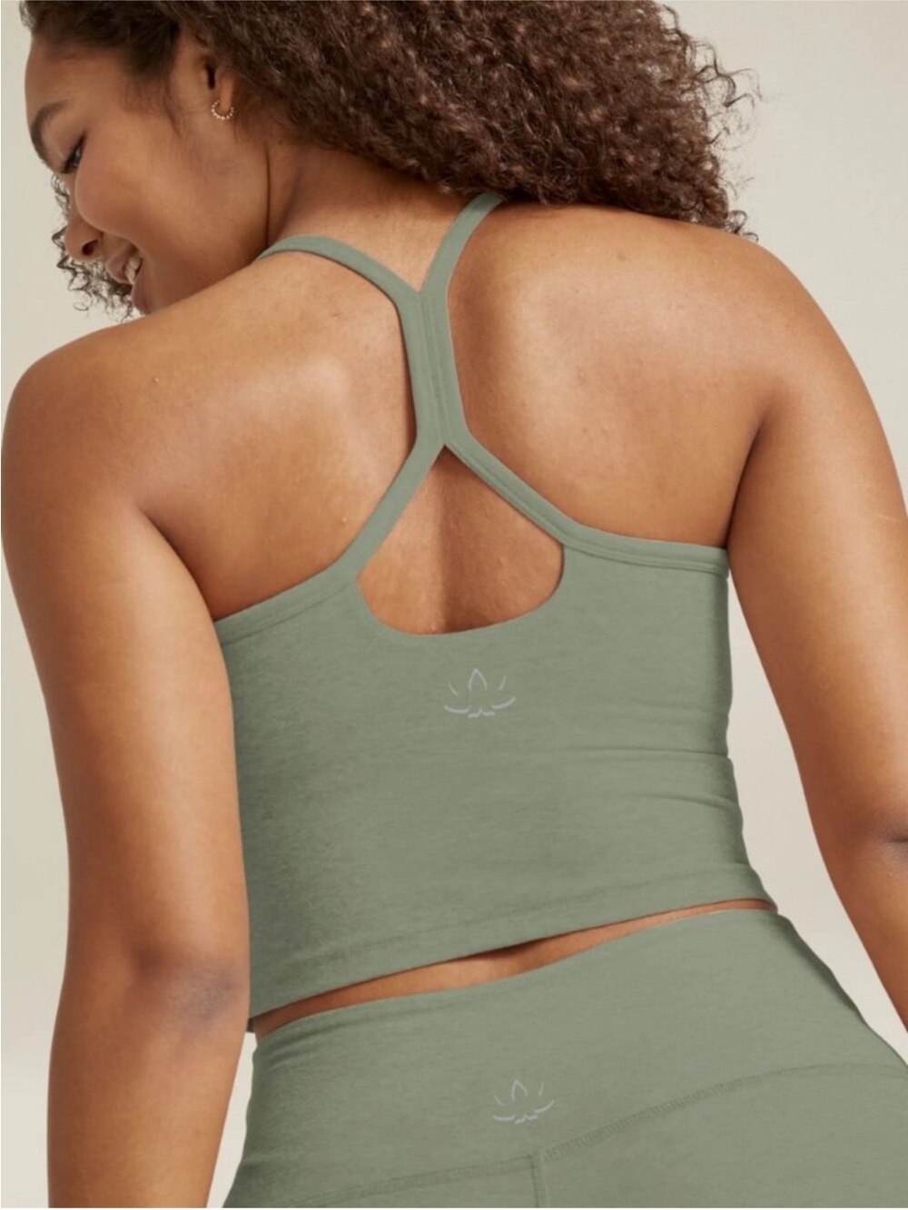 Beyond Yoga Sage Green Keyhole Racerback Crop Top and leggings